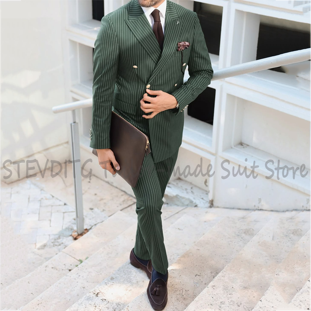 Men Formal Party Wear Outfit - Classic Pinstriped Men's Suit Set Double
