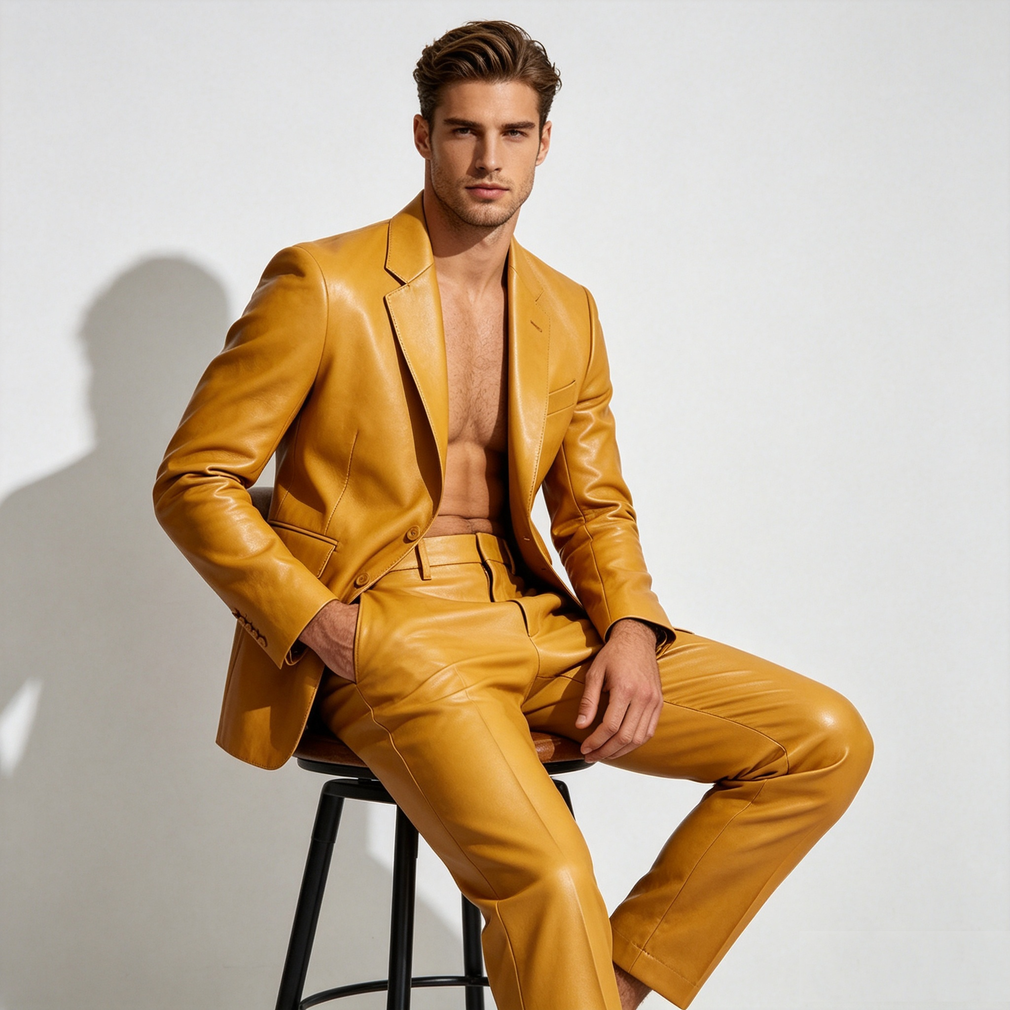 Yellow PU Leather Men Suit Set - đánh giá và giá Formal Wear For Men Yellow