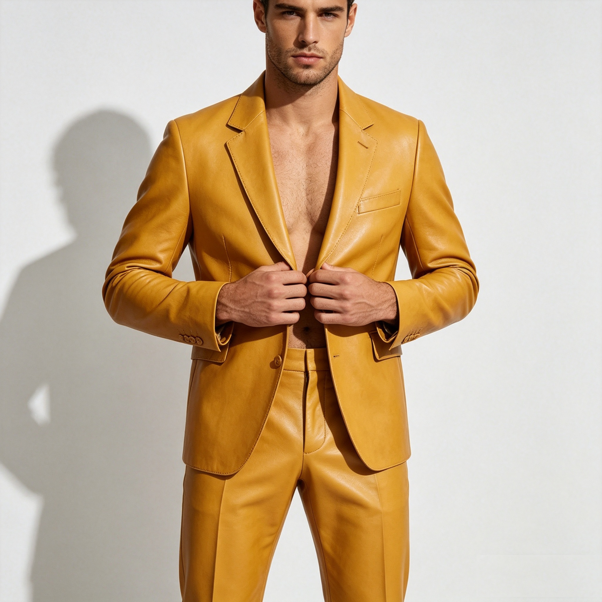 Yellow PU Leather Men Suit Set - đánh giá và giá Formal Wear For Men Yellow