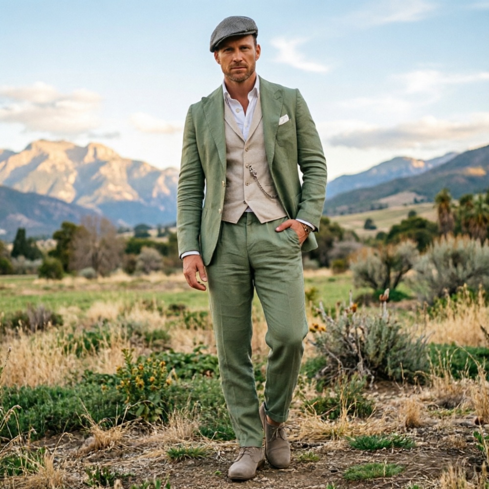 Sage Green Linen Men 3 Piece S - đánh giá và giá Men Formal Wear In Summer