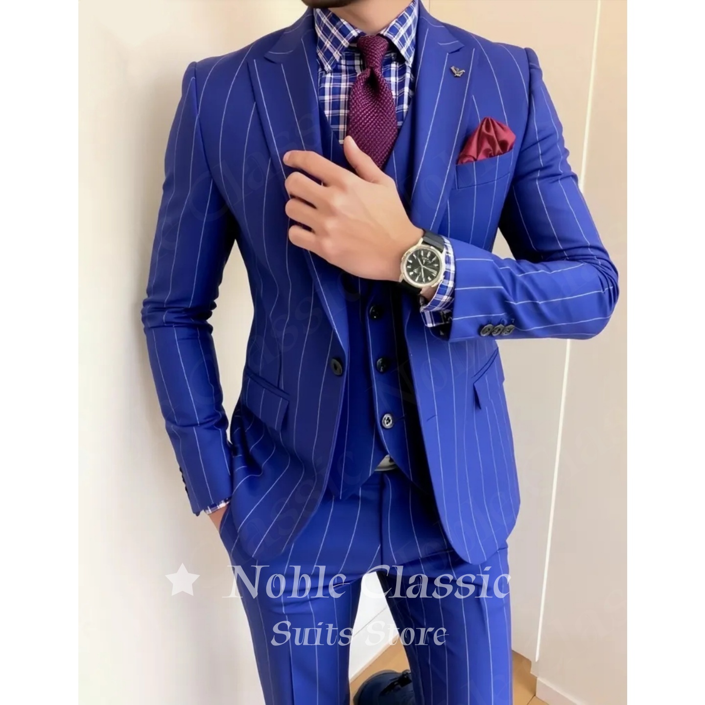 Men Blue Pinstripe 3 Piece Sui - đánh giá và giá Men Formal Wear Wedding Guest