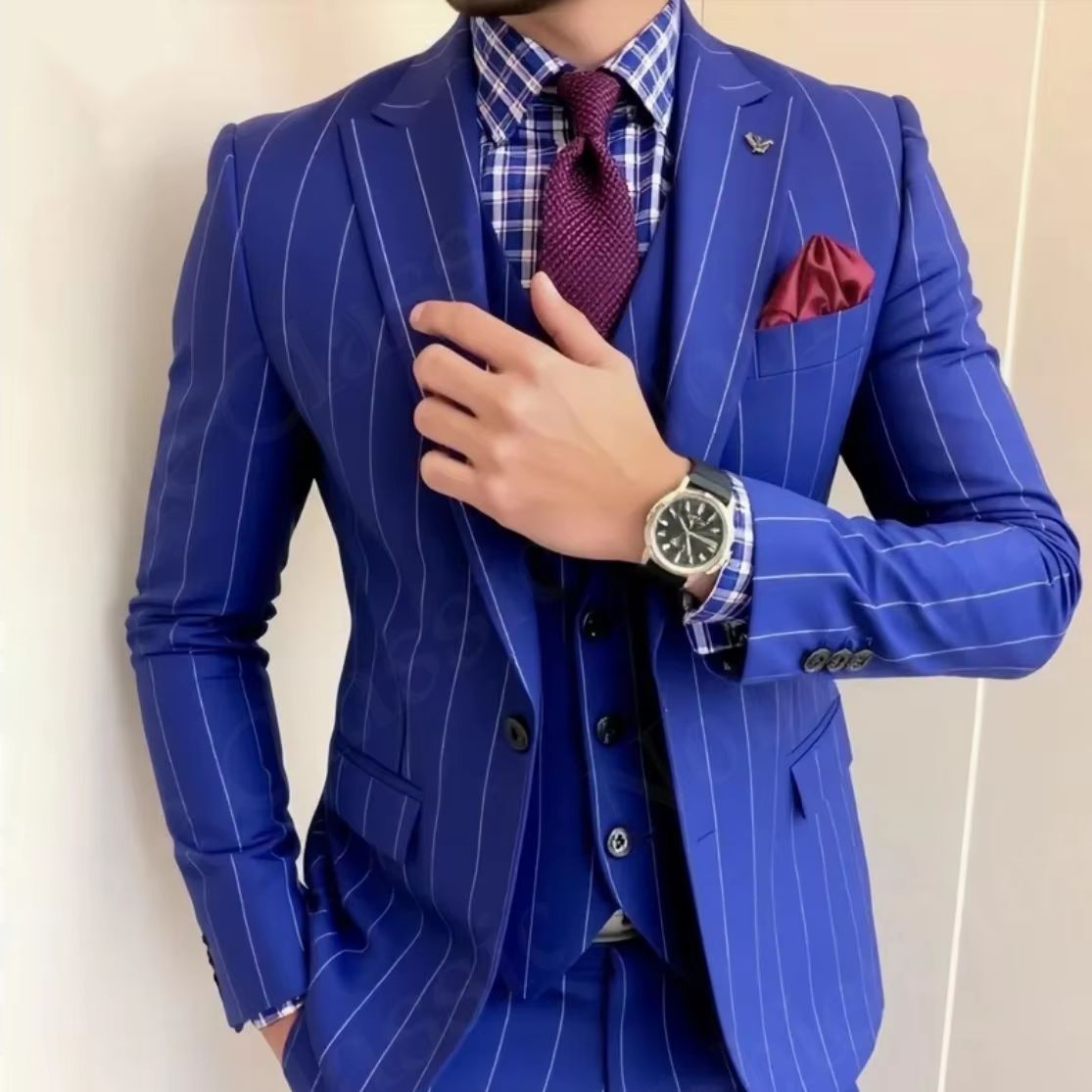 Men Blue Pinstripe 3 Piece Sui - đánh giá và giá Men Formal Wear Wedding Guest